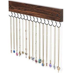 Wood necklace holder wall mount jewelry organizer with 15 hooks for storage